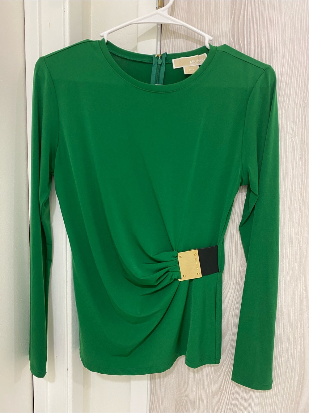 MICHAEL Michael Kors Green Long-Sleeve Draped Top with Gold Buckle